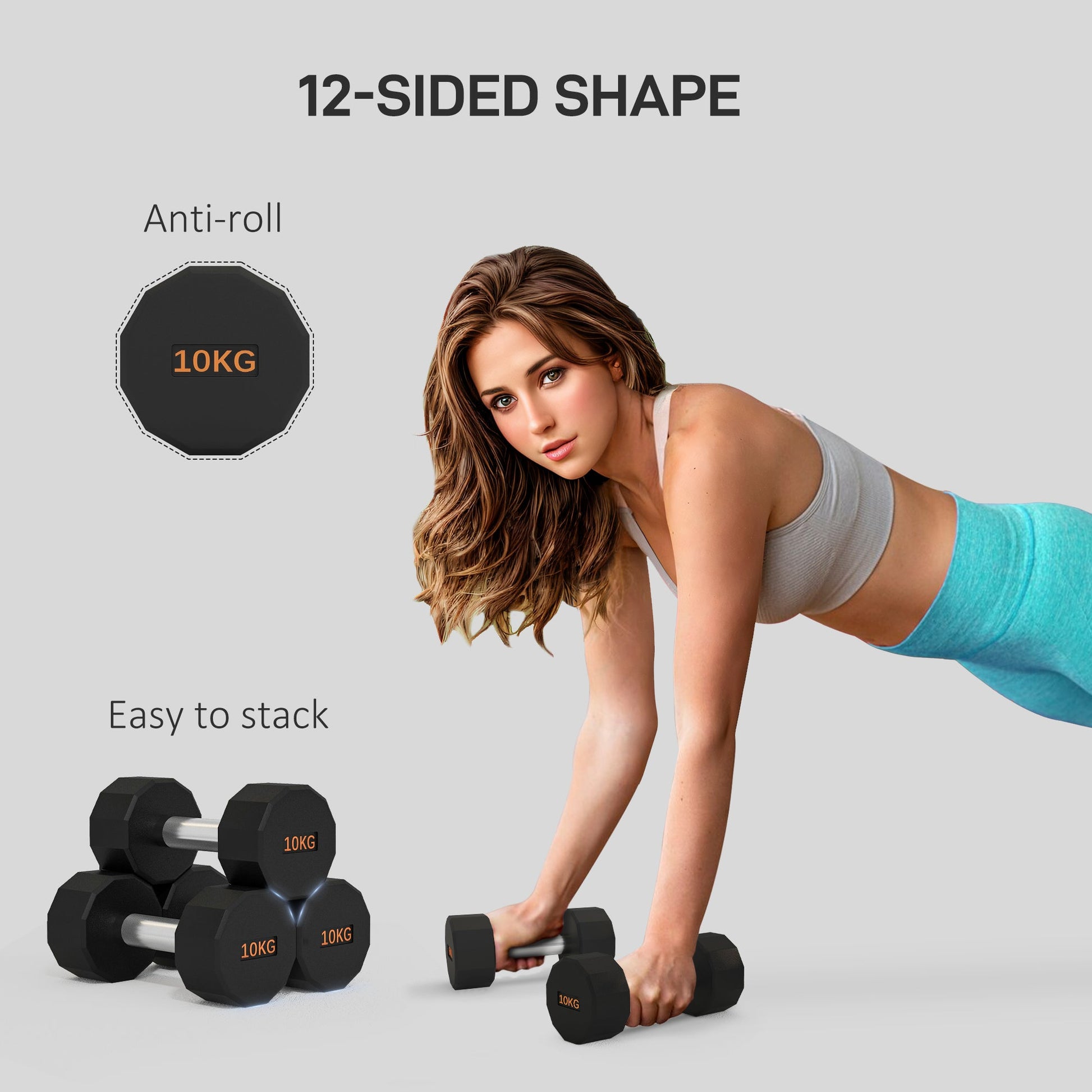 2 x 10kg Dumbbells Weights Set with 12-Sided Shape and Non-Slip Grip for Men Women Home Gym Workout-3